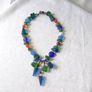 Handmade Sea Glass Necklace Blue Green Orange